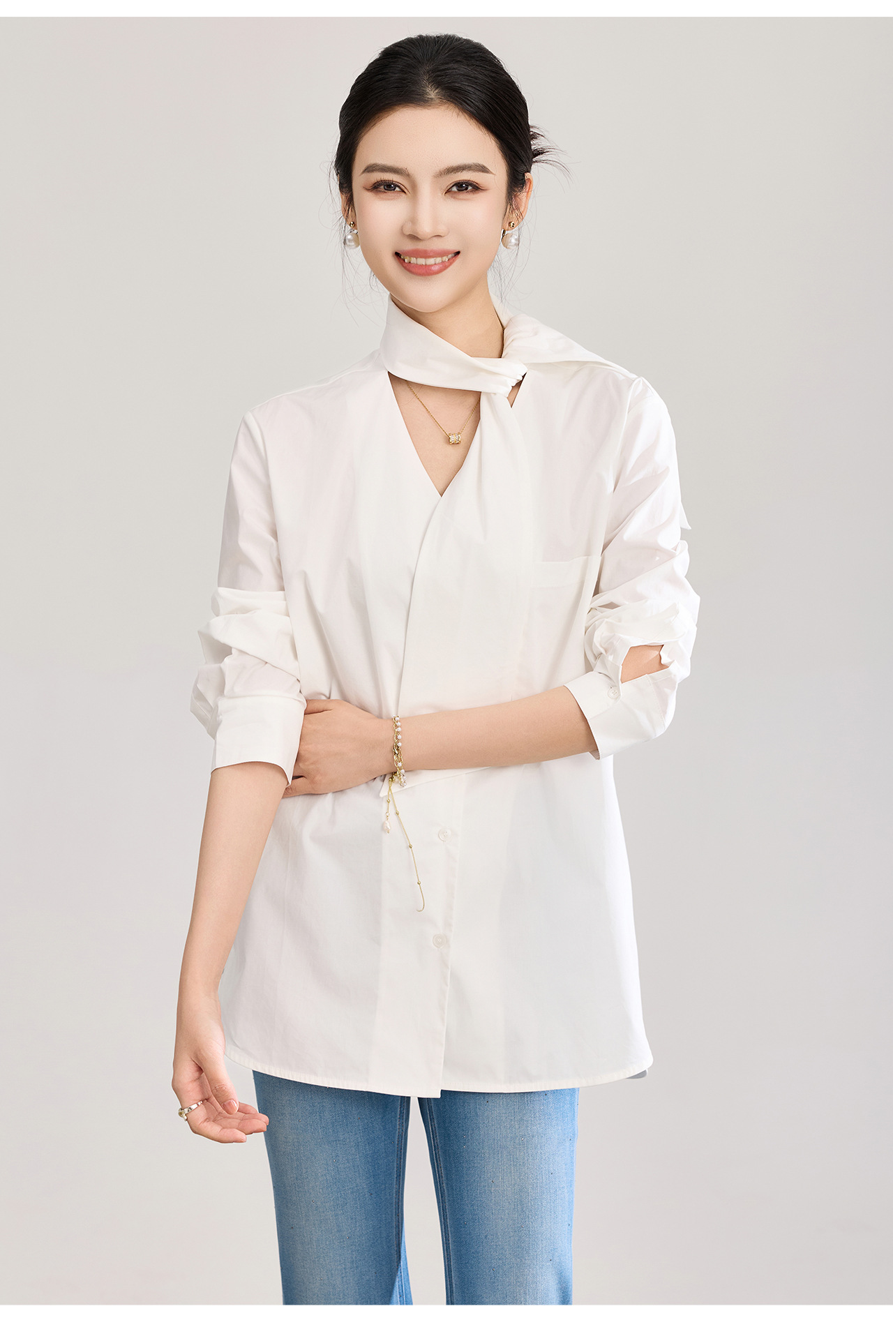 Áo sơ mi nữ dài tay cổ V phối dây rua, chất cotton mềm mại không nhăn — Vàng sữa chi tiết 21