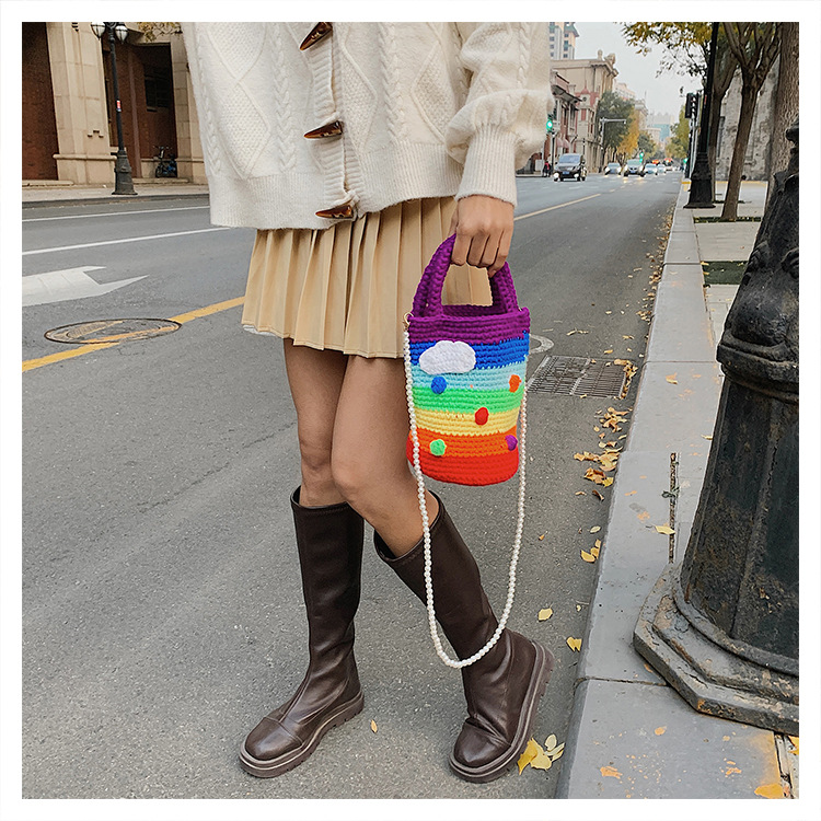 Women's Medium Plush Rainbow Stripe Cute Beading Weave Bucket Open Crossbody Bag display picture 7