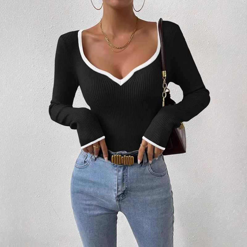European and American New Elegant V-neck Striped Knitted Base Shirt Slim-fit Slimming Sexy Solid Color Fashion All-match Sweater for Women