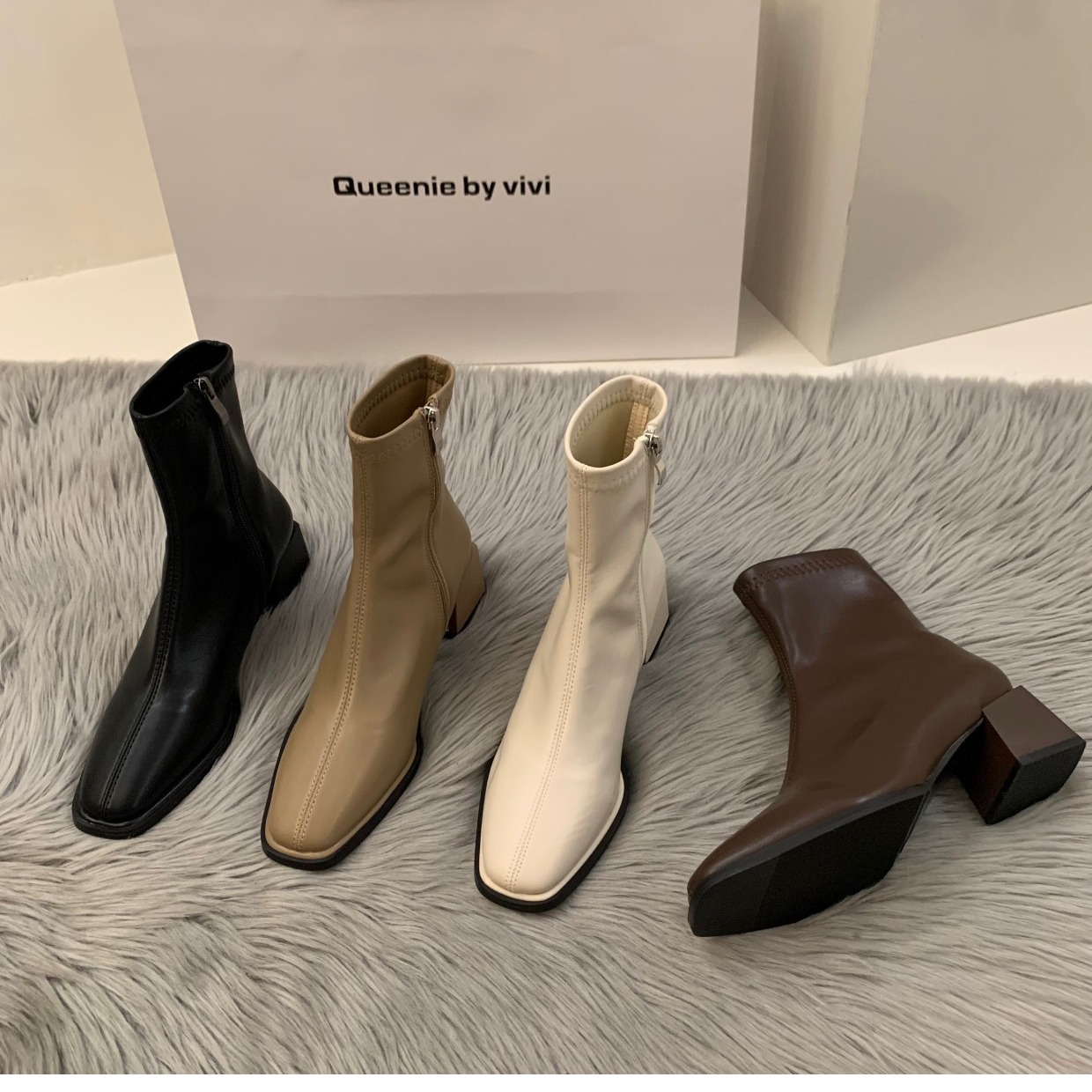 ShoeVault High Heel White Martin Short French Style Ankle Spring Summer Fleece-Lined New Slim Women's Boots_vogvips.com