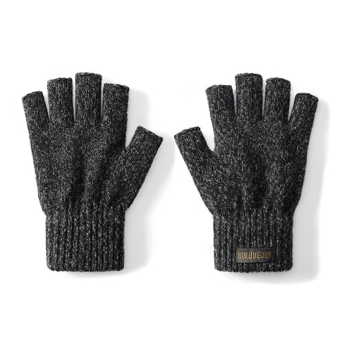 Autumn/Winter Wool Knitted Half Finger Gloves for Men, Outdoor Riding, Fleece Lined, Thick and Warm, Windproof Woolen Gloves