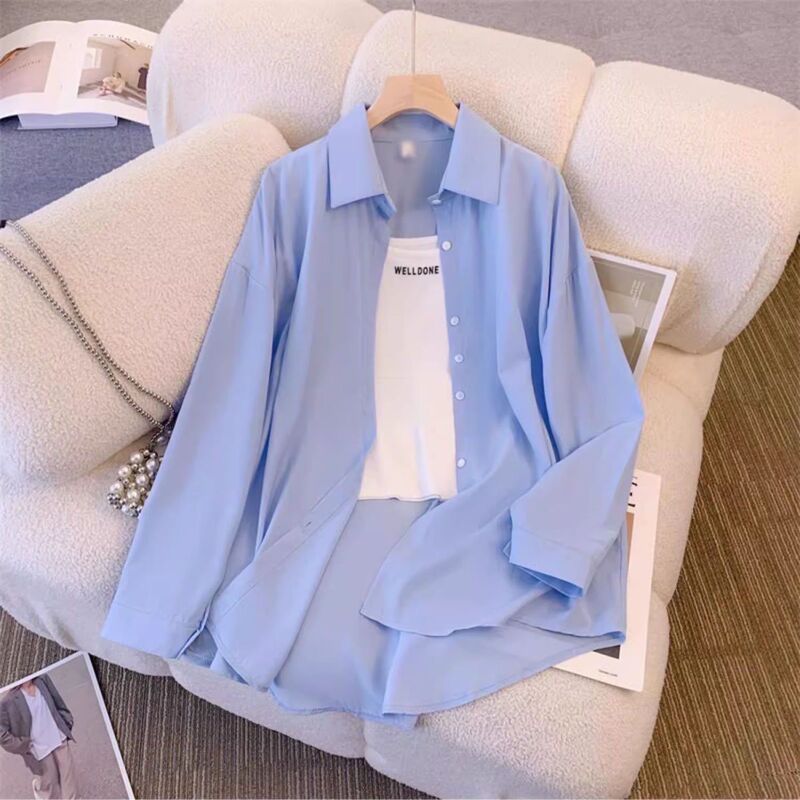 Hong Kong Style Retro Chic Shirt for Women, Long-Sleeved Blue Shirt for Women, Spring and Autumn Outerwear, Loose Niche Top, Stylish and Versatile