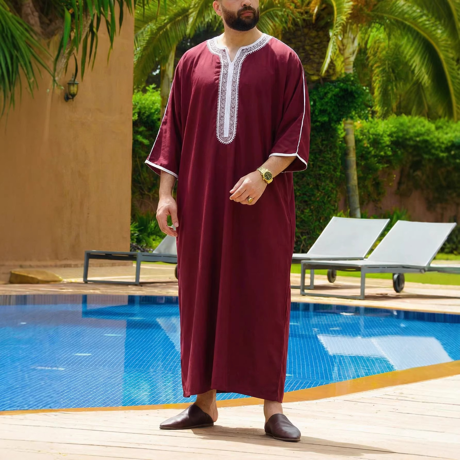 Moroccan Men's Short Sleeved Embroidered V Neck Muslim Robe, Arab Men's Clothing, Multiple Colors Available._voghion.com
