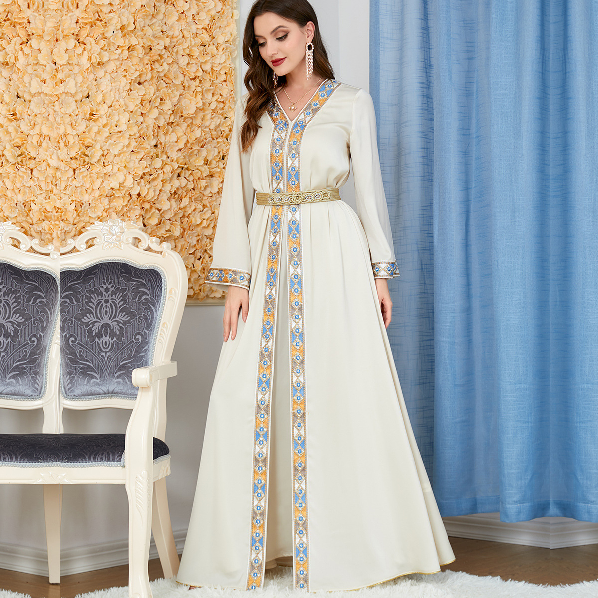 3237 Abaya mediorientale da donna, abbigliamento arabo con scollo a V e spacco, commercio estero, maniche lunghe, europeo e americano_voghion.com
