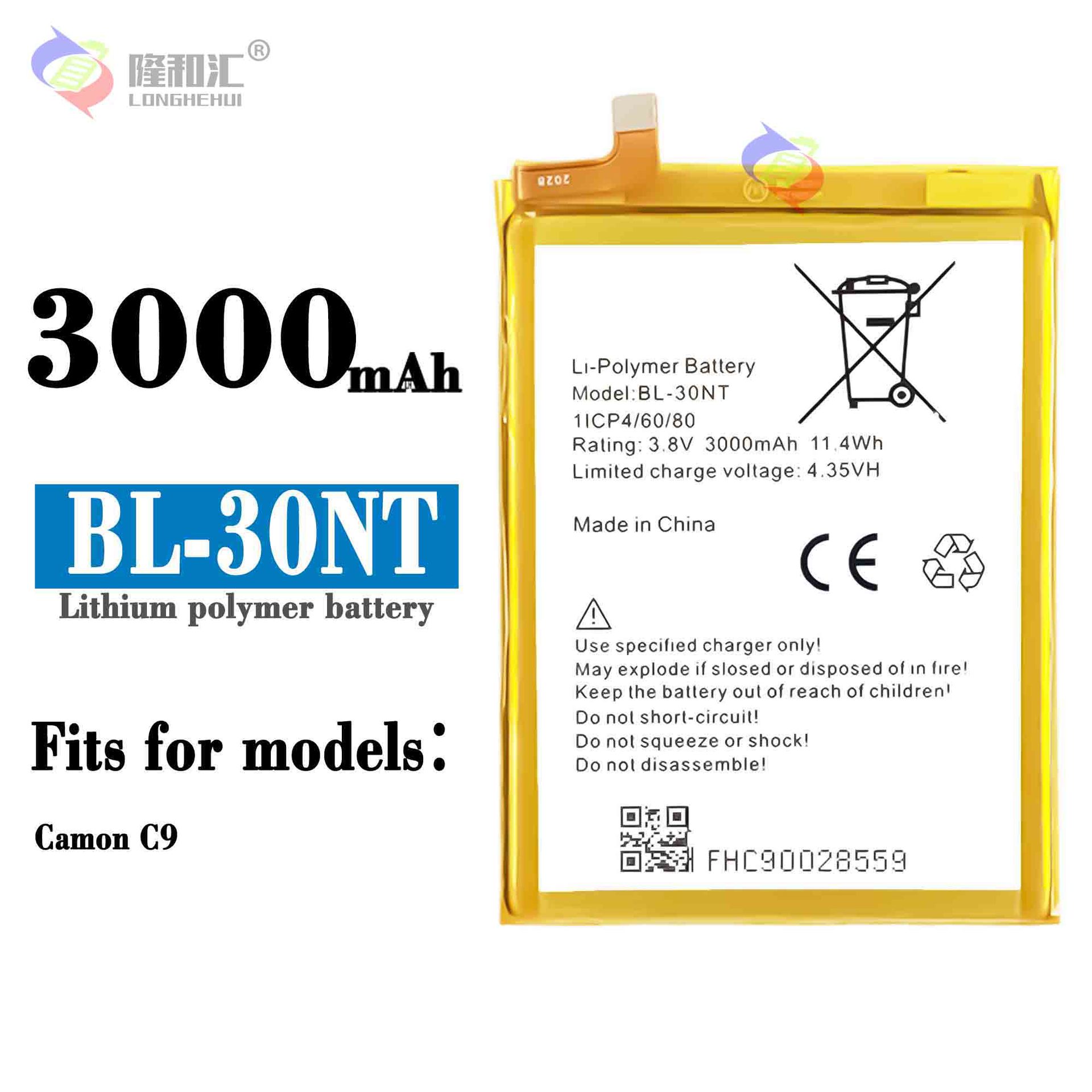 适用于传音Tecno C9手机BL-30NT内置充电池3000mAh全新锂电板批发