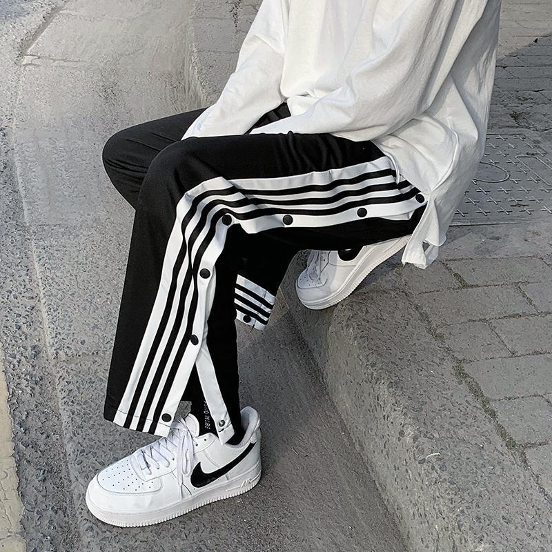 Summer thin side open breasted sports pants men's Hong Kong style loose wide leg pants casual trousers fashionable Korean style all-matching pants
