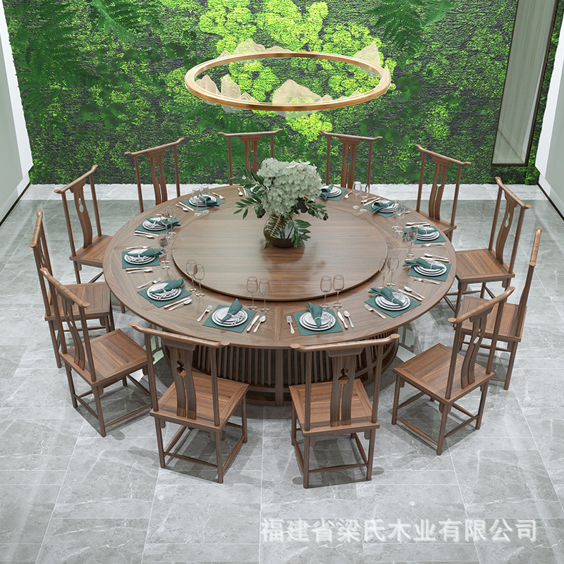 New Chinese solid wood electric dining table and chair combination hotel box large round desktop 15 people 20 people table with turntable