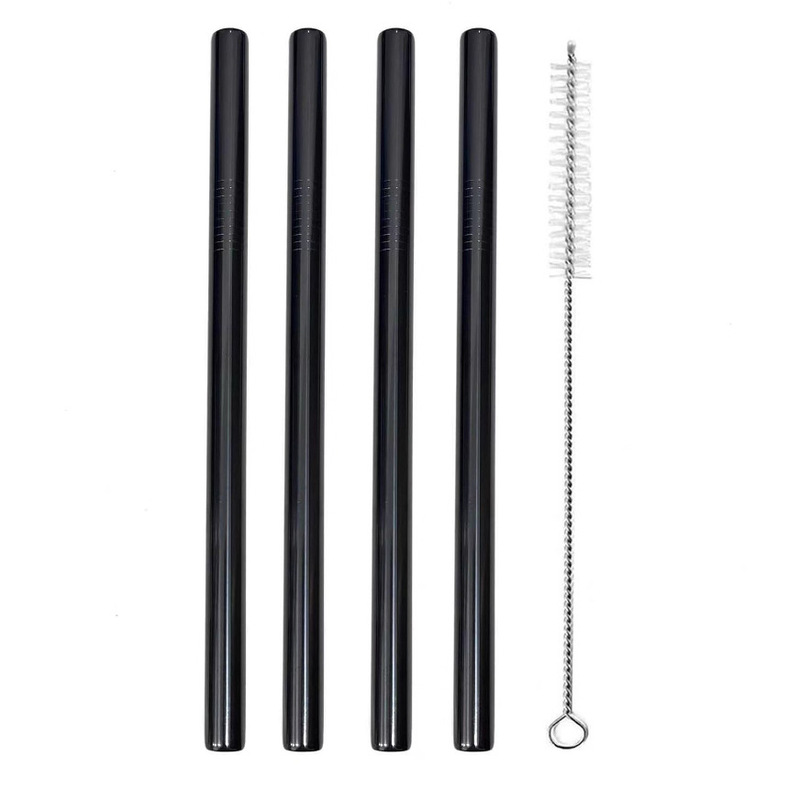 4 Black Stainless Steel Straws 8.5inch Reusable with Cleaning Brush Suitable for Smoothies/Boba Milk