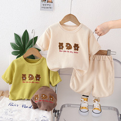 寶寶夏裝2024夏季新款小男孩洋氣華膚格短袖兩件套休閒女童衣服潮