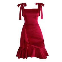 夏季新款赫本小红裙生日礼服轻奢荷叶边红色吊带连衣裙女