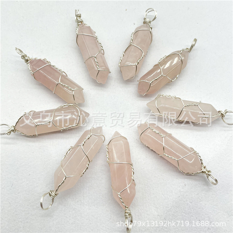 Comercio exterior caliente bobina hexagonal columna colgante collar de cristal natural hecho a mano de plata hilo bala joyería al por mayor