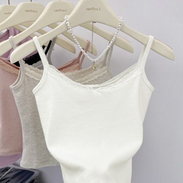 Lace Bow Hot Girl Camisole Women's Summer Slim Fit Design Short Sleeveless Top with Breast Pads