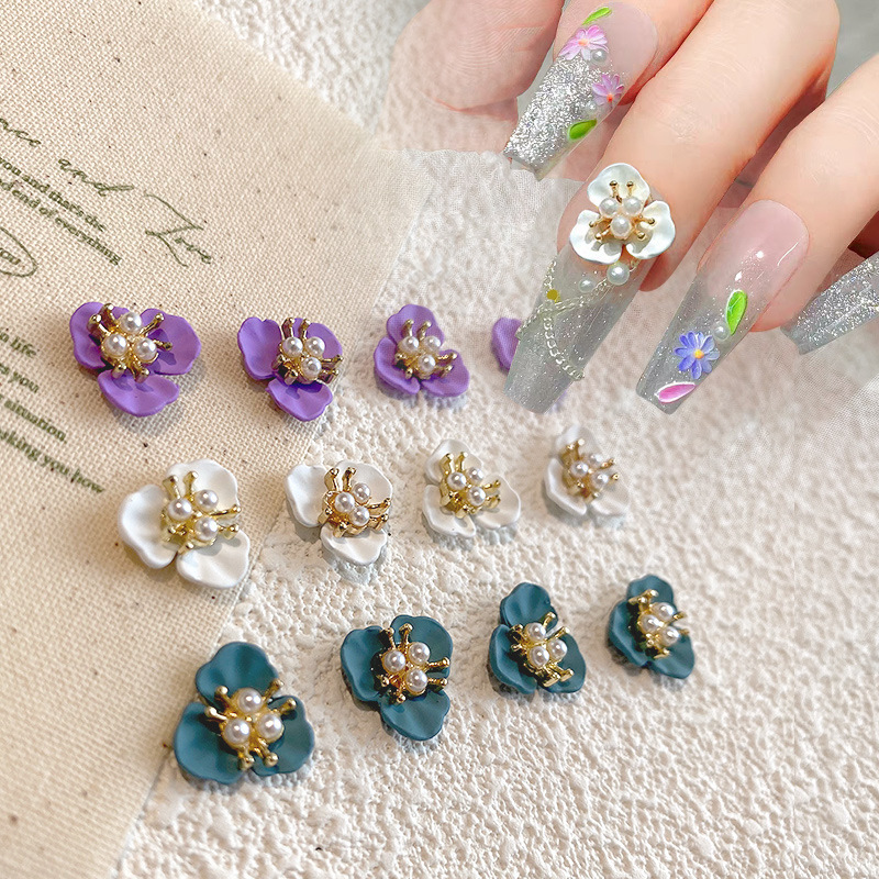 Nail Art Accessories Alloy Color Matching Three-Petal Flower Inlaid with Alloy Pearls and Rhinestones Nail Art DIY Japanese and Korean Accessories