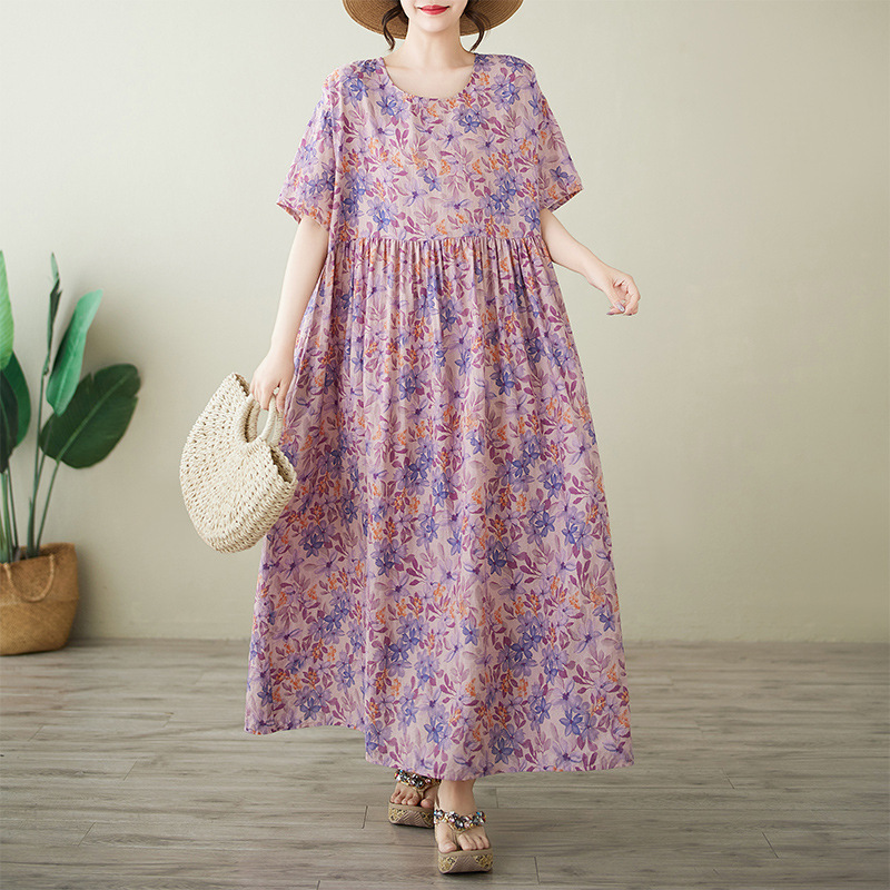 New 2025 Export Simple Fashion Long Skirt Summer New Plus Size Short-Sleeved Round Neck Printed Dress for Women