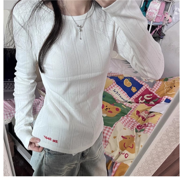 韩系白色提花肌理感长袖针织衫T恤女秋季修身显瘦刺绣内搭上衣ins|undefined