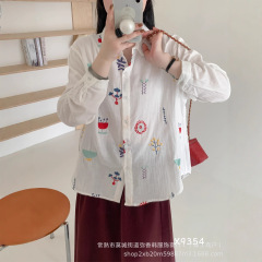 9354衬衣绣花宽松休闲长袖中长款内搭外穿白色刺绣衬衫春秋女