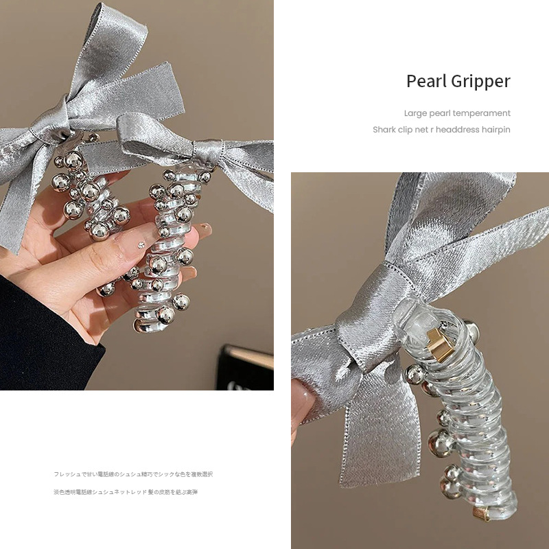 2025 nueva plata brillante cinza plateada cinta de tejido arco perlas línea telefónica anillo de cabello de mujer burbuja trenza cabello de cabello