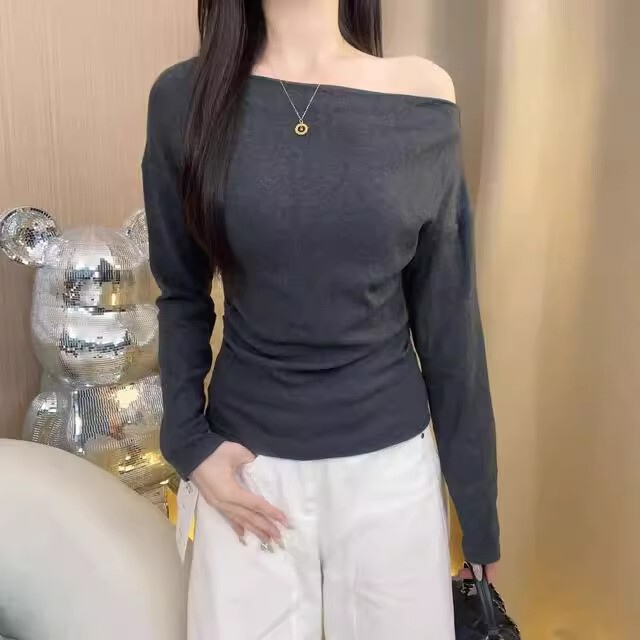 一字肩条纹长袖T恤女2025秋季新款复古松驰感短款收腰小众上衣ins|undefined