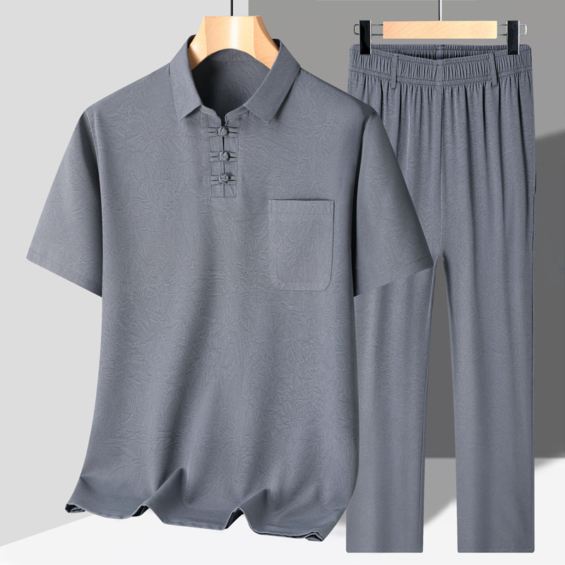 Dad's Summer Short-Sleeved Suit, Tang Suit for Men, Middle-Aged and Elderly, Thin Hanfu, Chinese Style, Ice Silk Suit for Seniors and Grandfathers
