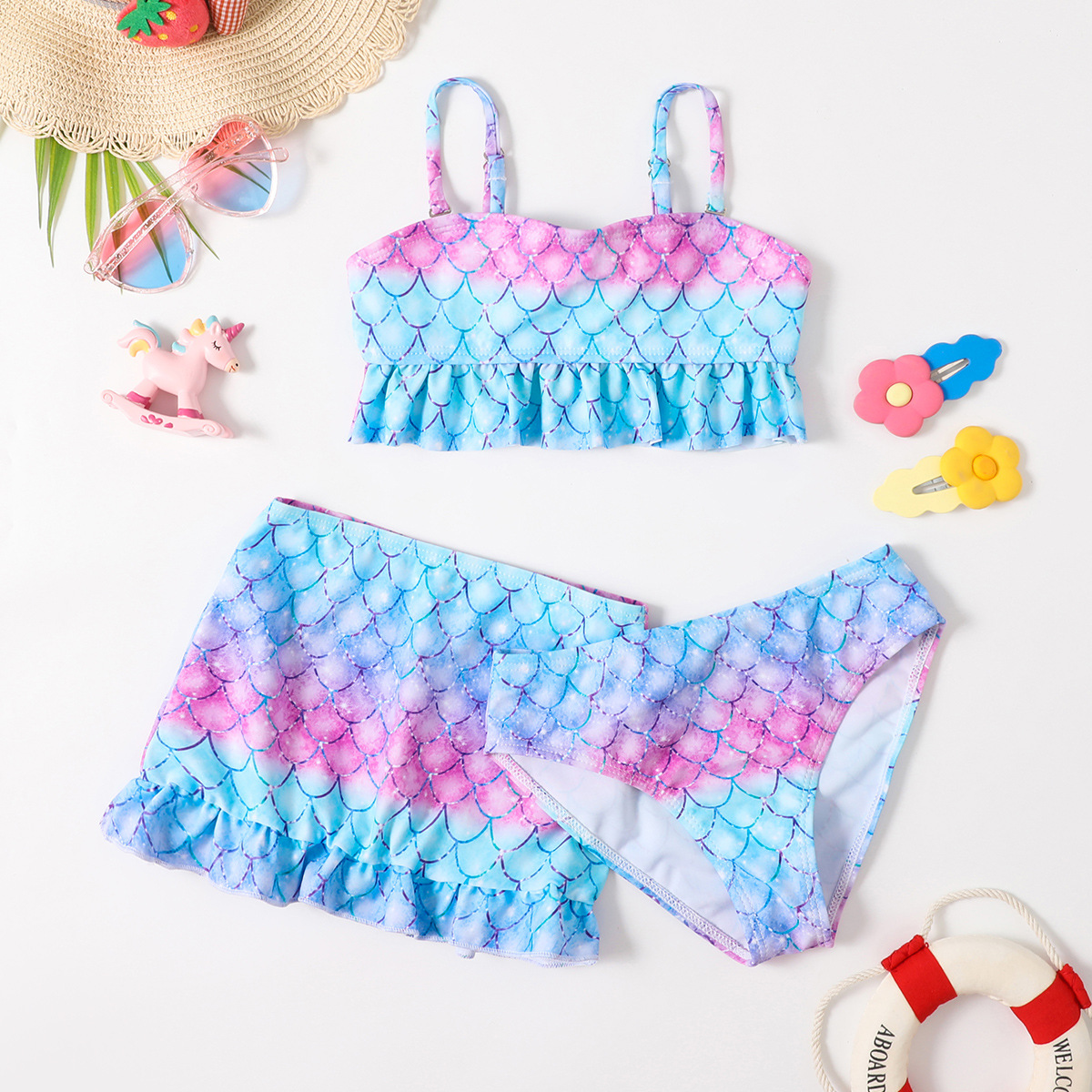 Mermaid Printed Three-Piece Bikini Summer Big Kids Split Swimsuit Amazon Hot Spring Swimsuit Kids