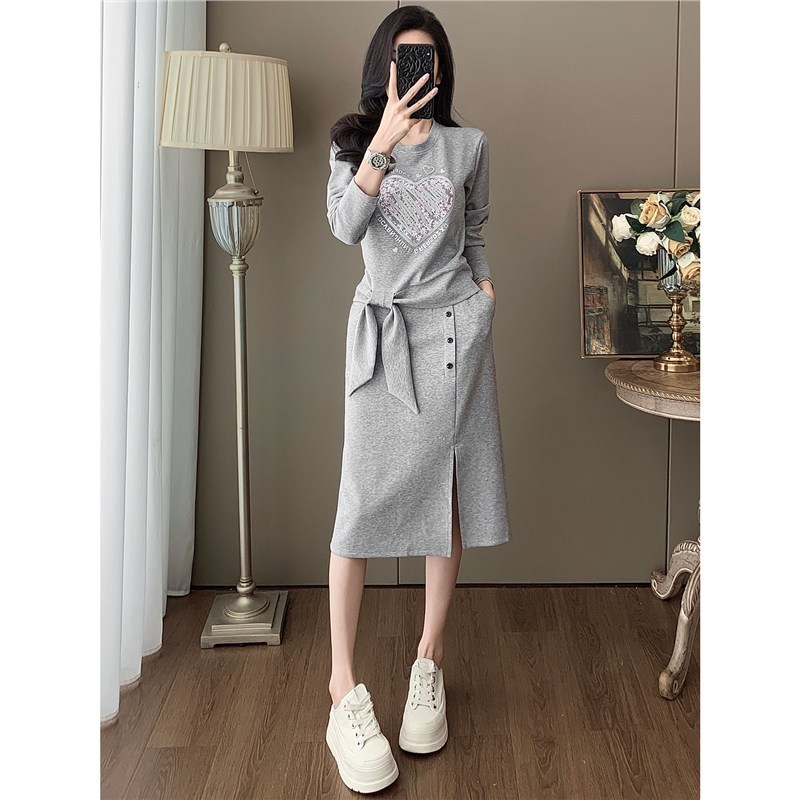 深圳南油休闲套装女2025秋新款显瘦长袖卫衣灰色半身裙百搭两件套|undefined