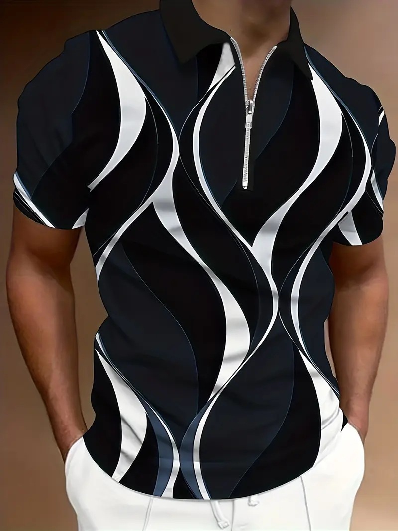 2024 venta caliente simple color de contraste corrugado impresión 3D hombres de negocios ancho de hombro ancho ancho de manga corta transpirable camisa POLO con cremallera