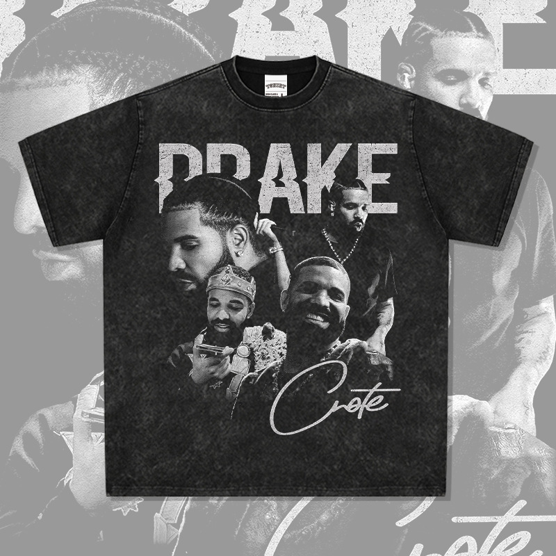 Drake Drake Print American Street Hip Hop Crewneck Hiphop Short Sleeve Vintage Washed Heavy T-Shirt Trendy Men