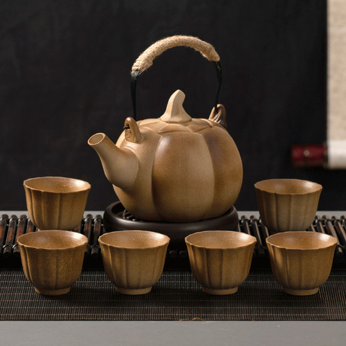Ceramic tea pot with high-temperature resistance for outdoor tea brewing, herbal outdoor water pot, explosion-proof pumpkin-shaped tea pot