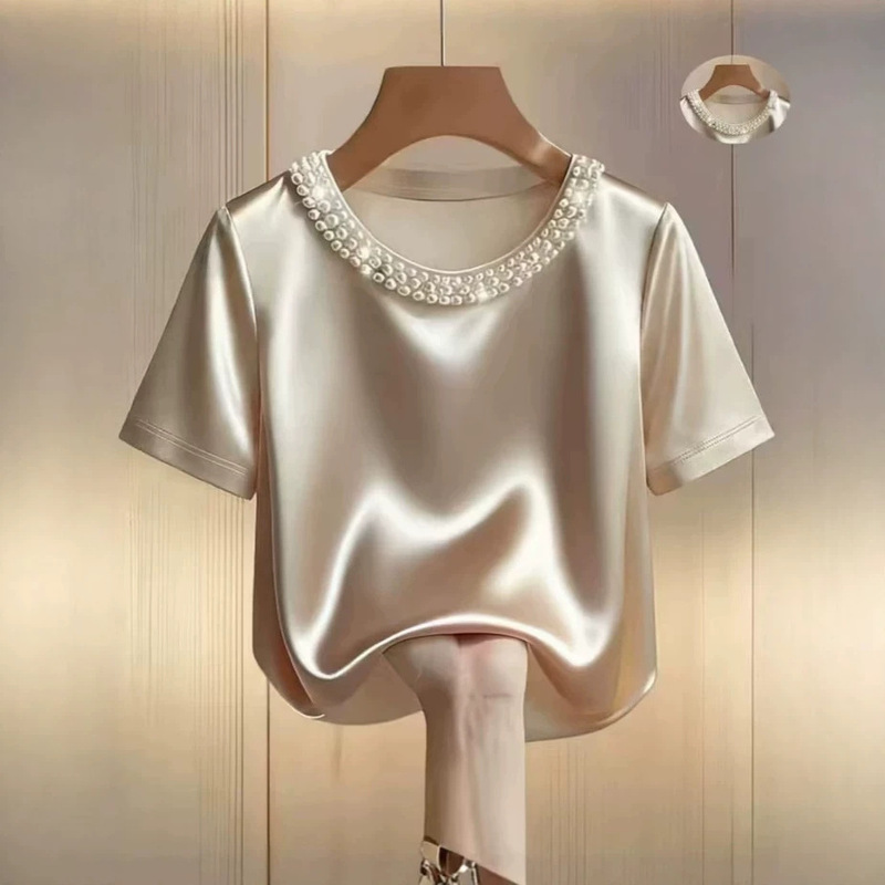 2026 Independent Site Wish Amazon Spring/Summer French-Style Pearl Round-Neck Satin Shirt T-Shirt Short Sleeve