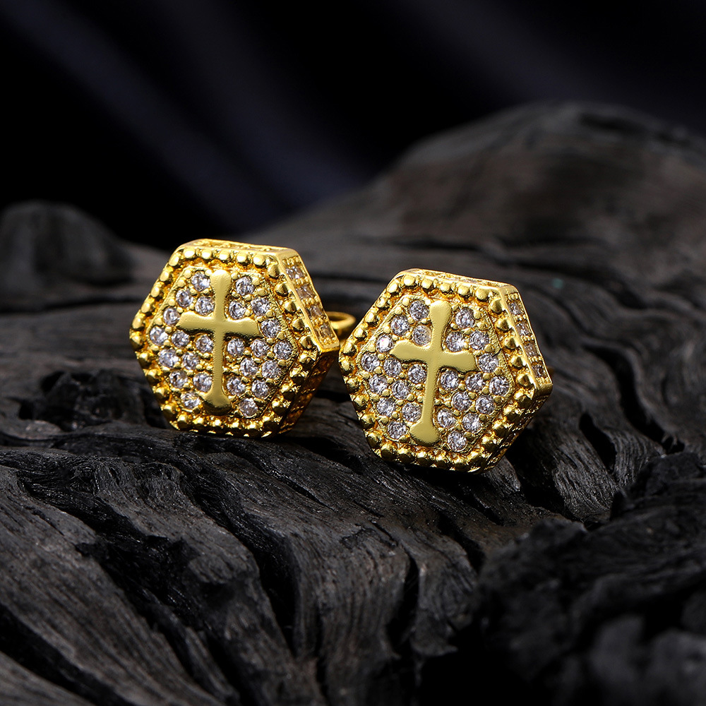 popular cross zircon hip hop earrings for men hexagonal gold plated full diamond hiphop earrings_voghion.com