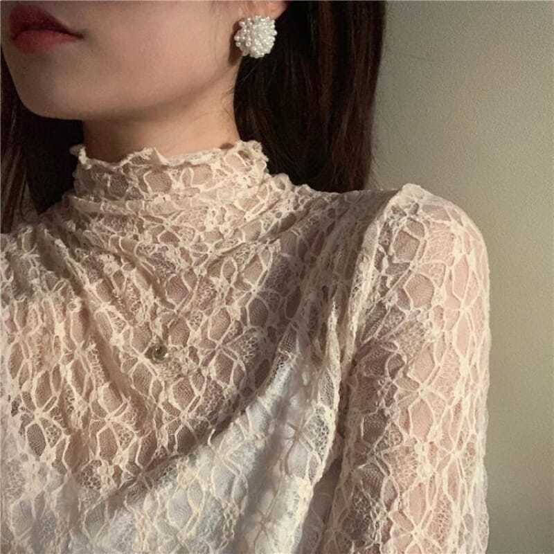 Slim-fit Tulle Mesh New Long-sleeved plus size Top Autumn 0 Lace Base Shirt Women's 202 Stretch Mesh