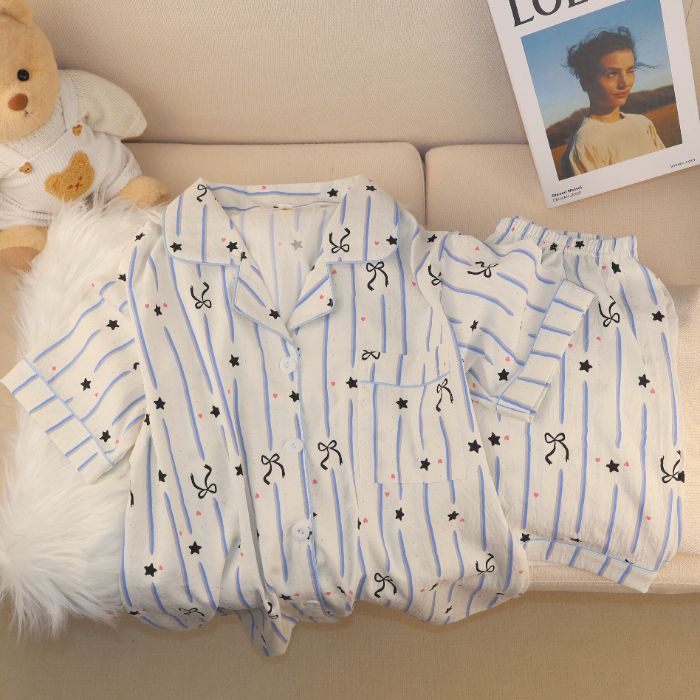 Pijamas de algodón nubes al por mayor transfronterizos de mujeres pantalones cortos de mangas cortas de verano nuevos cardigans con solapas de dibujos animados lindos cubiertas de ropa para el hogar