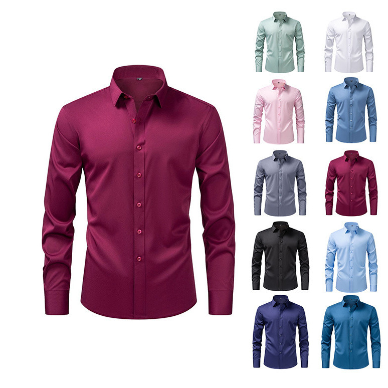 Men's Shirts Cross-Border Solid Color Stretch Wrinkle-Free Business Professional Wear Men's European Style Four-Way Stretch Shirts Men's Long Sleeves