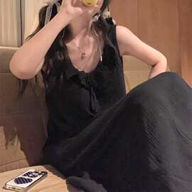 2026夏新款少女荷叶边圆领无袖睡裙舒适透气棉纱宽松带胸垫家居裙