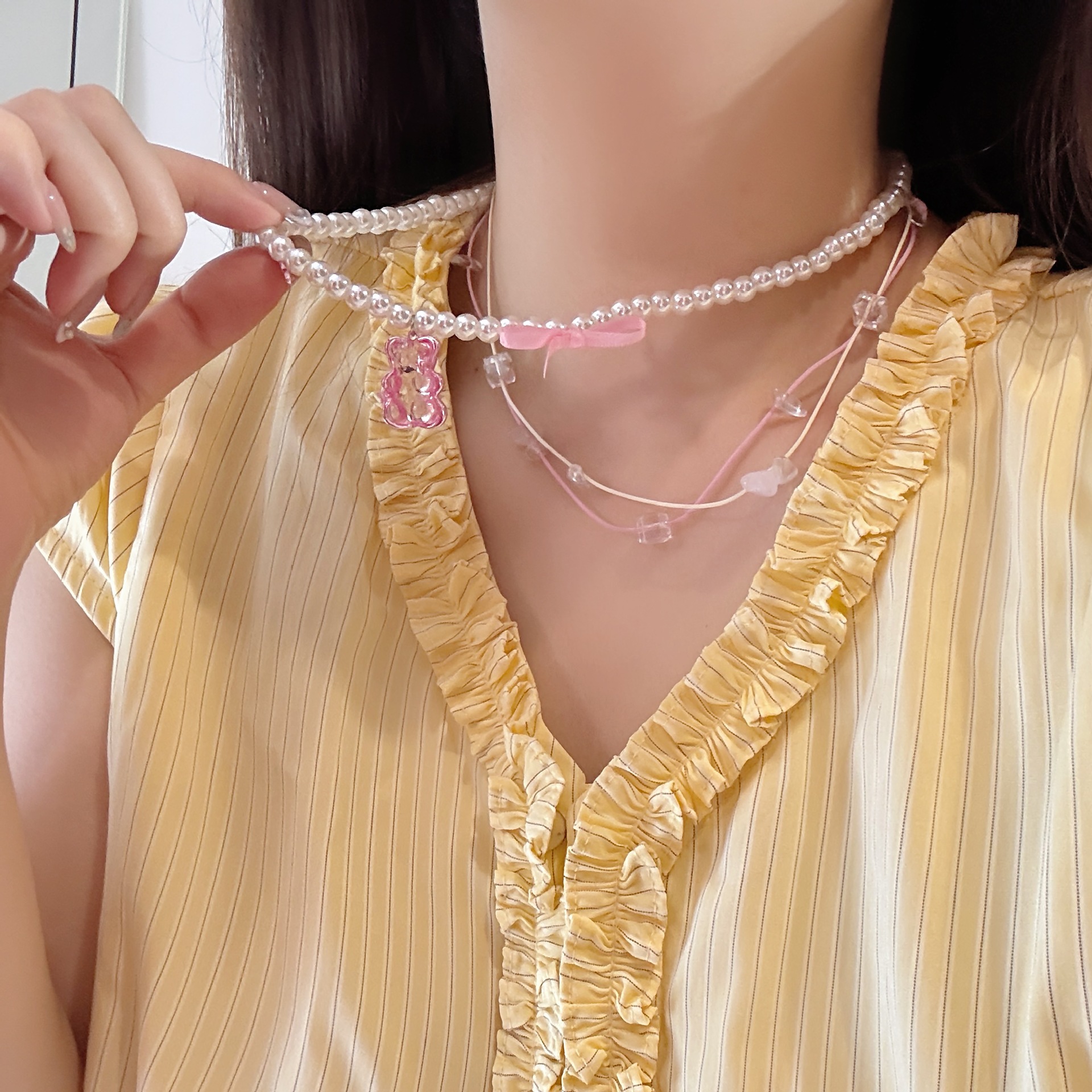 リトルベアリボンパールネックレス女性の甘い純粋な欲望ネックレスクリスタル砂利鎖骨チェーンスタッキングジュエリー鎖骨チェーン