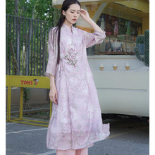 大吉2025新款原创文艺复古中式连衣裙新中式长裙亚麻绣花旗袍3313