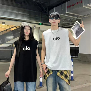 Alo Letter Couple Style Foam Printed Sleeveless T-Shirt for Men and Women, Breathable and Versatile, High Street Trendy American Street Sweet