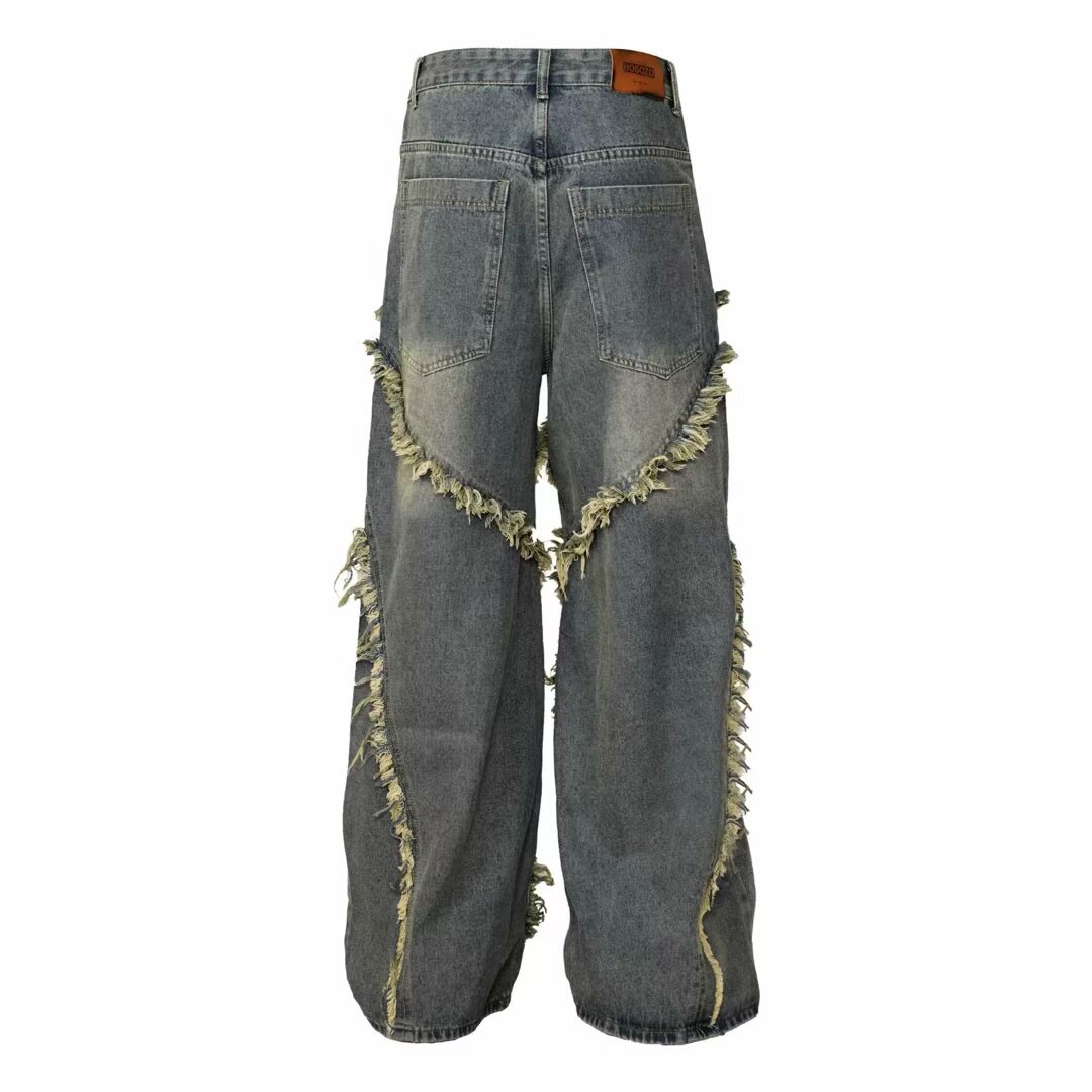 Unisex High Street Vintage Washed Distressed Patchwork Jeans Relaxed Wide Leg Straight Denim Pants for Men And Women_mkmklike.com