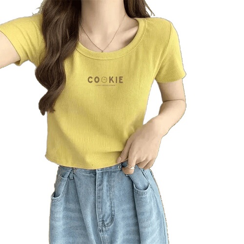 Ice Silk Ribbed T-Shirt: New Sweet & Spicy Style, Slim-Fit Cropped Top for Petite Figures, Casual Off-Shoulder Short-Sleeve Tee—Instagram Trending