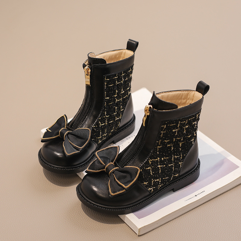 Chaussures pour enfants hiver nouveau style plus bottes simples en velours pour enfants petites filles bottes courtes bottes en cuir à la mode avec nœud_voghion.com