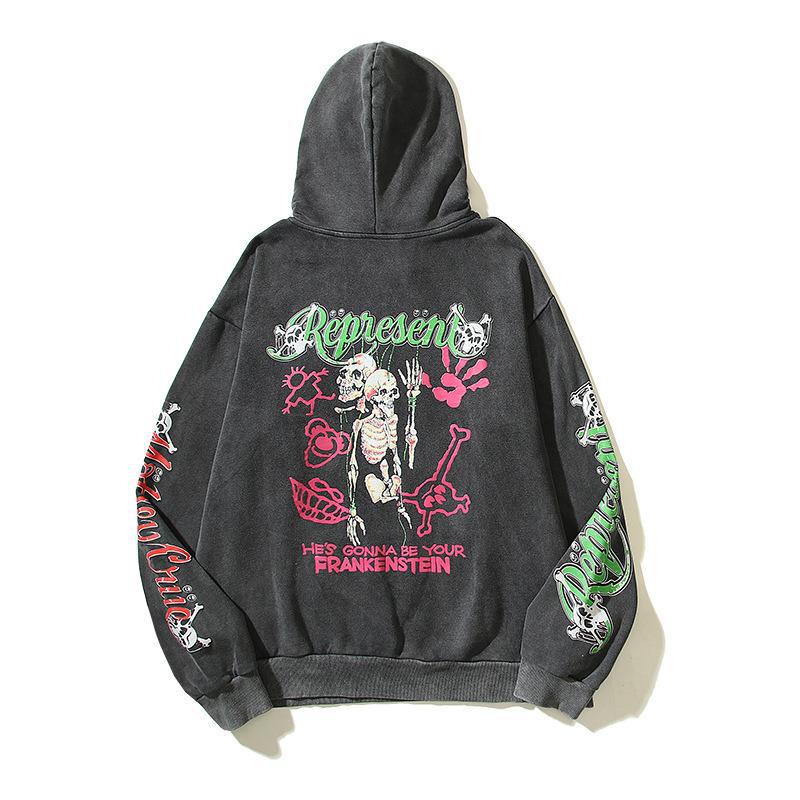 Rappresenta Rock Band Teschio Mostro Diavolo Cuore Lavato Vecchio Cappotto con Cappuccio_voghion.com