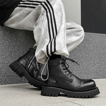 大头米奇翘头德比鞋男款厚底增高黑色英伦风工装加绒皮鞋33389-J