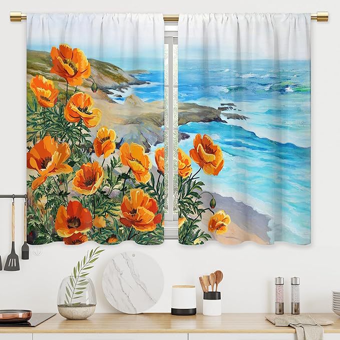 Cross-Border New Style Blue Ocean Kitchen Curtains Summer Seascape Print Orange Floral Cafe Decorative Curtains Cross-Border New Style Blue Ocean Kitchen Curtains Summer Seascape Print Orange Floral Cafe Decorative Curtains