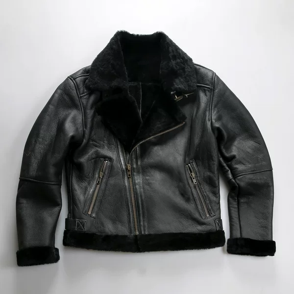 American-Style B3 Bomber Jacket Made of Sheepskin with Large Lapel and Diagonal Zipper