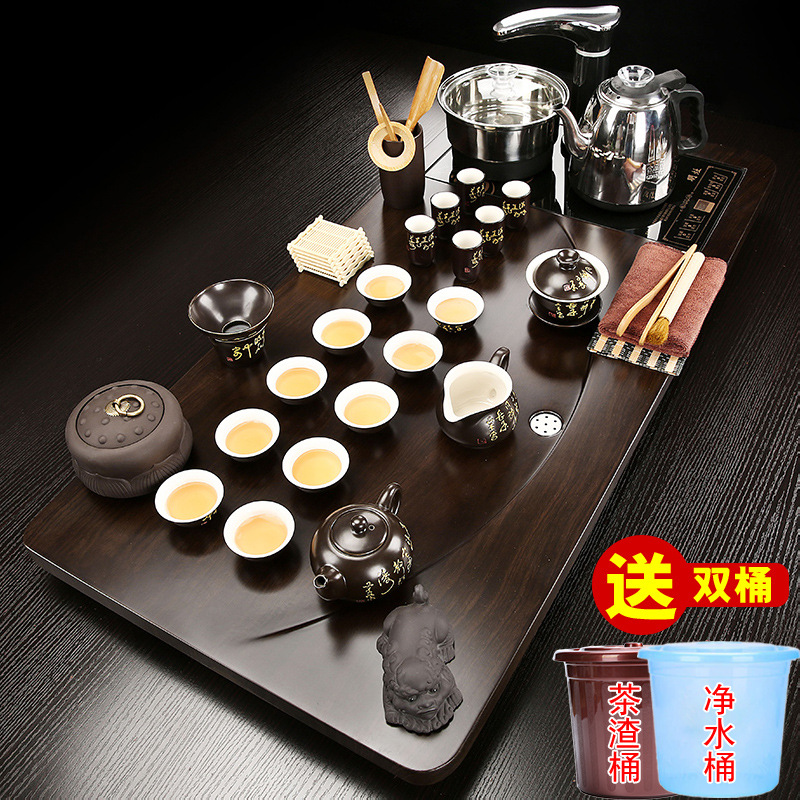 新中式茶具套裝家用茶台簡約茶盤燒水壺一體排水輕奢現代實木托盤