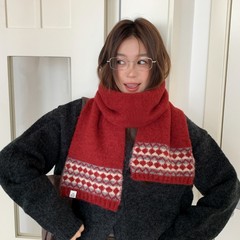 费尔岛法式复古新年红色针织毛线围巾女冬季保暖软糯加厚防寒围脖
