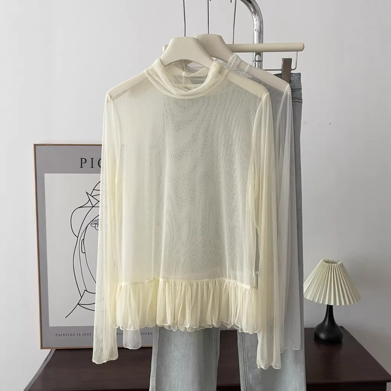 2026 New Style Pure Desire Style Hollow-Out Half-High Collar Long-Sleeve Mesh T-Shirt for Women with Ruffles, Age-Reducing Sheer Top 6703 2026 New Style Pure Desire Style Hollow-Out Half-High Collar Long-Sleeve Mesh T-Shirt for Women with Ruffles, Age-Reducing Sheer Top 6703