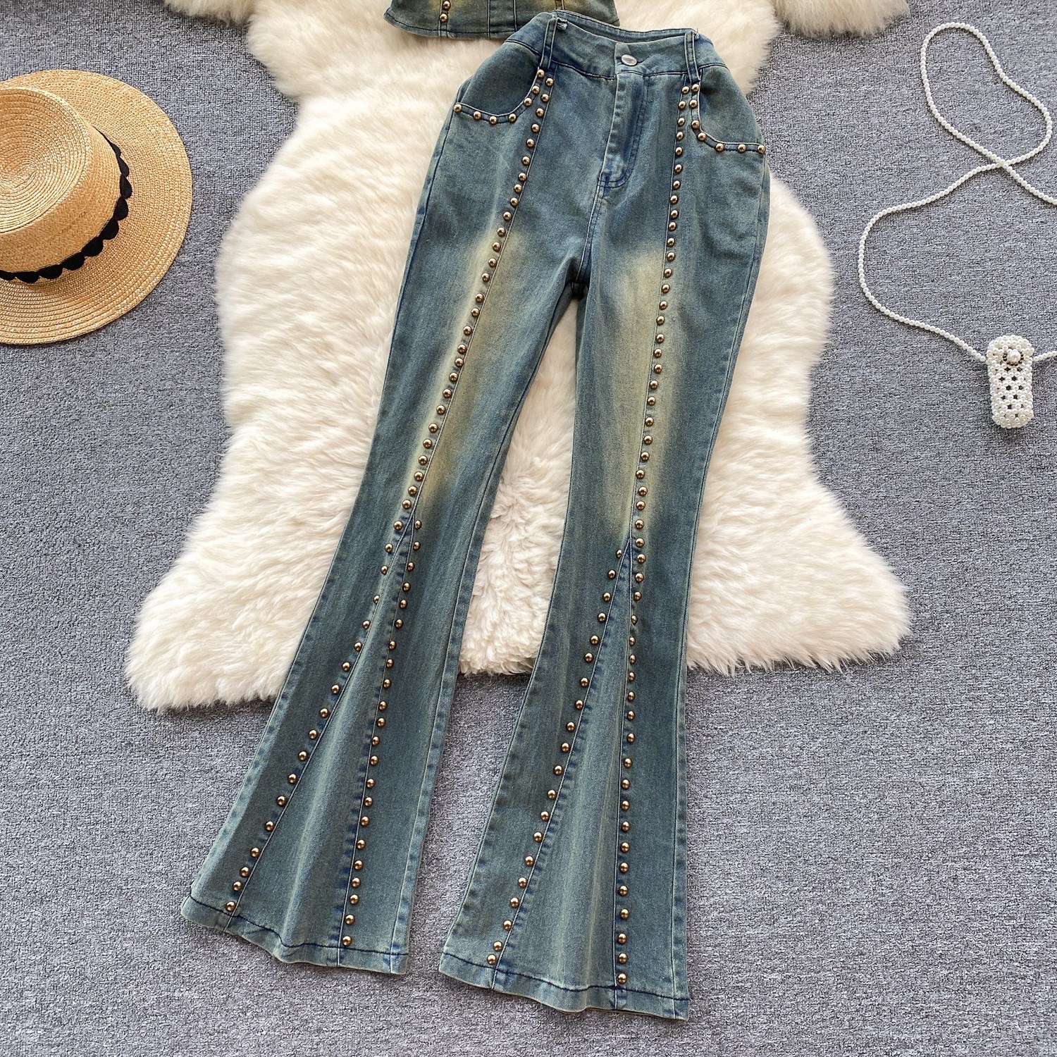 Women's Slimming Beaded Denim Suit Sexy Strapless Top High Waist Slightly Flared Length Retro American Two-Piece Outfit_ecoleips.com