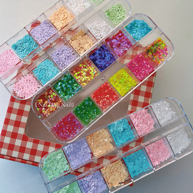 Summer Refreshing Macaron Cream Glitter Ultra-Thin Hollow Mixed Size Star and Heart 12-Grid Nail Glitter Stickers Summer Refreshing Macaron Cream Glitter Ultra-Thin Hollow Mixed Size Star and Heart 12-Grid Nail Glitter Stickers