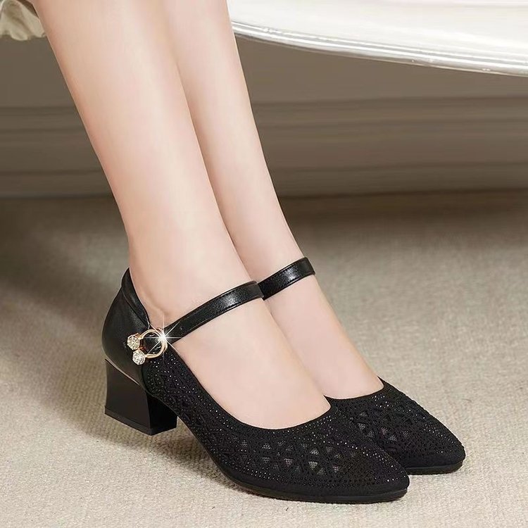 Sandalias para mujer 2025 nuevo estilo sandalias de tacón medio sandalias de malla zuecos huecos transpirables planos tacón grueso suela suave mamá